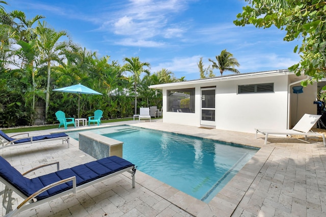 view of swimming pool with a patio area and a sunroom