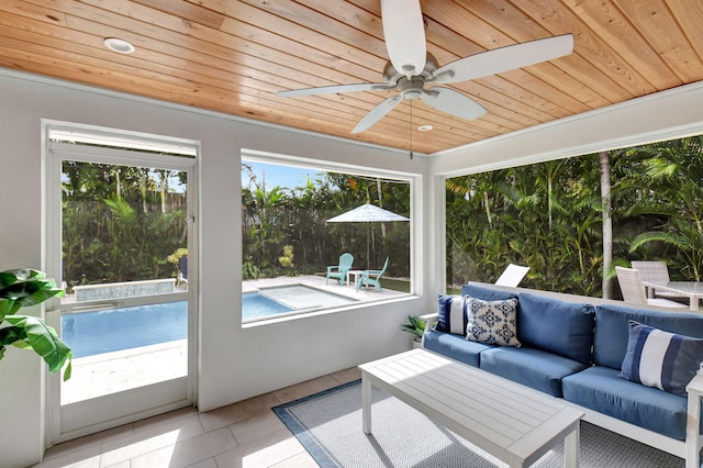 sunroom featuring ceiling fan and wood ceiling