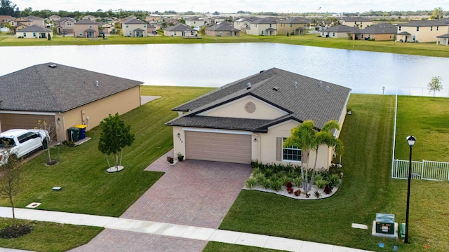 aerial view featuring a water view