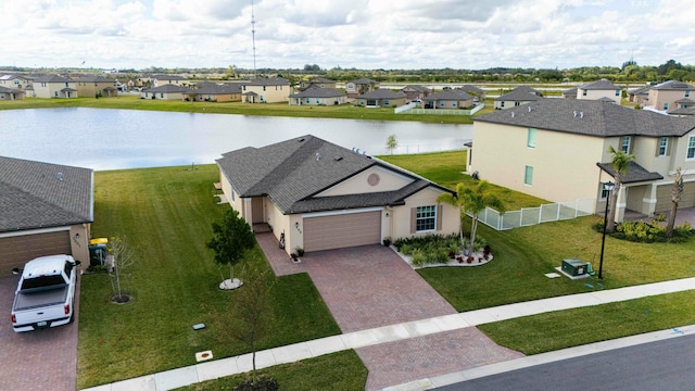 drone / aerial view with a water view