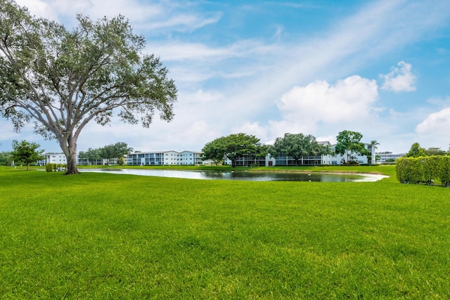 view of property's community featuring a yard and a water view