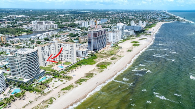 aerial view featuring a beach view and a water view