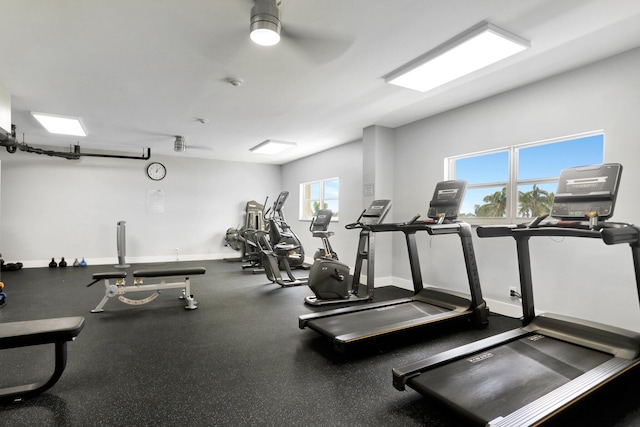 exercise room featuring ceiling fan and a healthy amount of sunlight