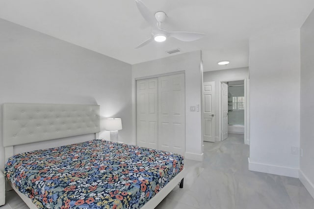 bedroom featuring ceiling fan and a closet