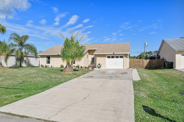 ranch-style home with a garage and a front yard