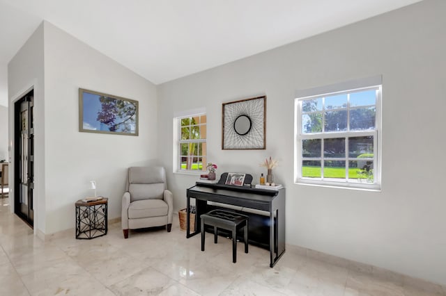 living area with vaulted ceiling