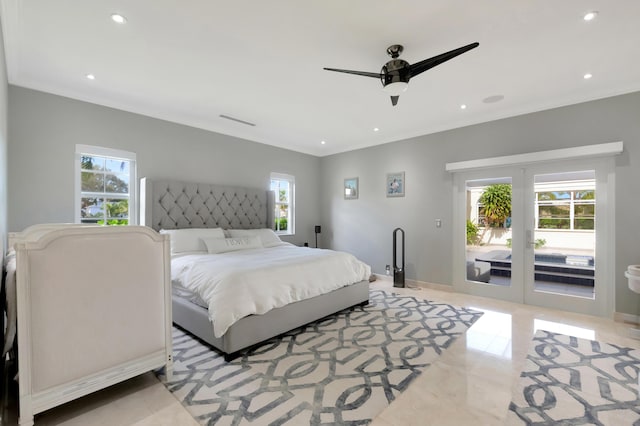 bedroom with ceiling fan, access to exterior, ornamental molding, and multiple windows