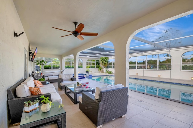 view of patio featuring an outdoor living space and glass enclosure