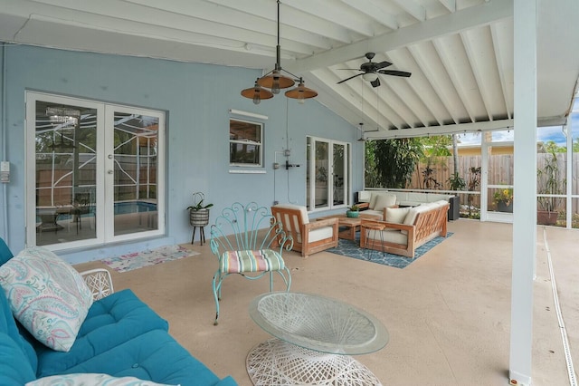 view of patio / terrace with outdoor lounge area, ceiling fan, and french doors