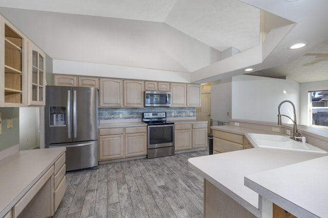 kitchen with appliances with stainless steel finishes, light hardwood / wood-style flooring, light brown cabinetry, and sink