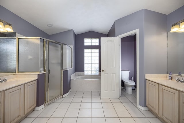 full bathroom with tile patterned floors, vanity, plus walk in shower, toilet, and lofted ceiling