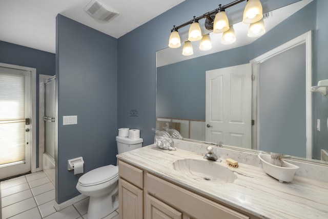 full bathroom featuring shower / tub combination, tile patterned flooring, vanity, and toilet