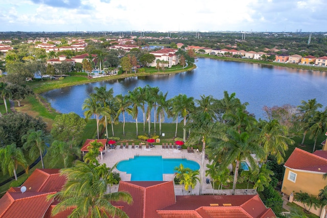 drone / aerial view featuring a water view