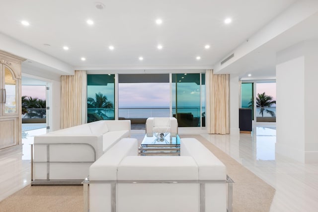 living room featuring a wall of windows