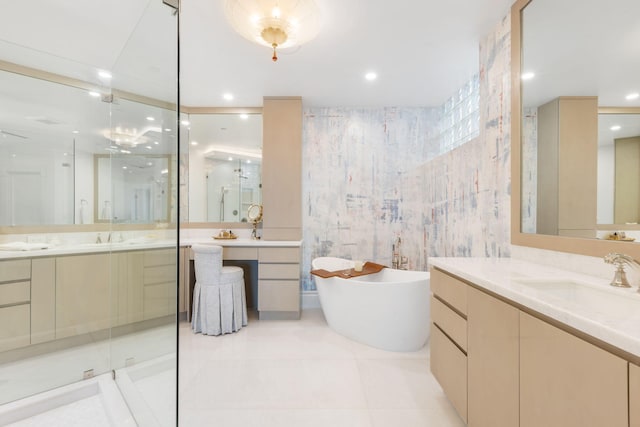 bathroom with tile patterned flooring, vanity, ceiling fan, and independent shower and bath