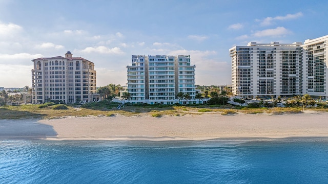 view of swimming pool with a water view and a view of the beach