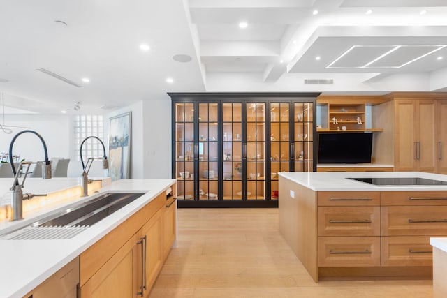 kitchen with black electric stovetop, light wood-type flooring, and sink