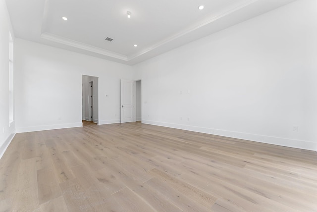 interior space featuring light wood-type flooring and a raised ceiling