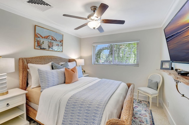 bedroom with ceiling fan and crown molding