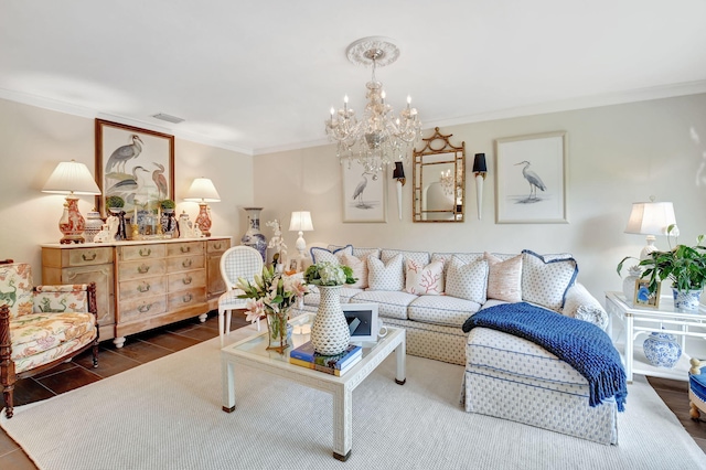 living room featuring ornamental molding, dark wood-type flooring, and an inviting chandelier