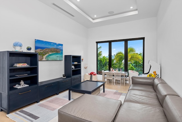 living room with hardwood / wood-style flooring and a tray ceiling