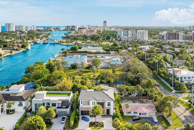 drone / aerial view with a water view