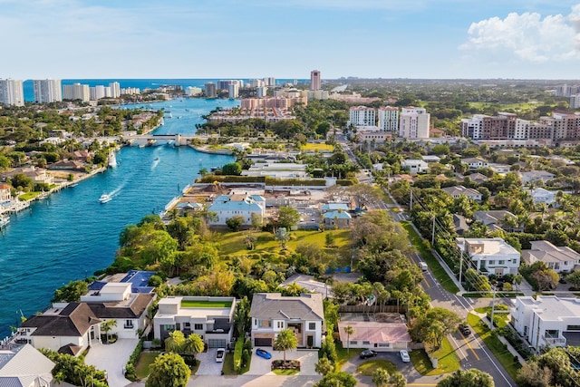 bird's eye view with a water view