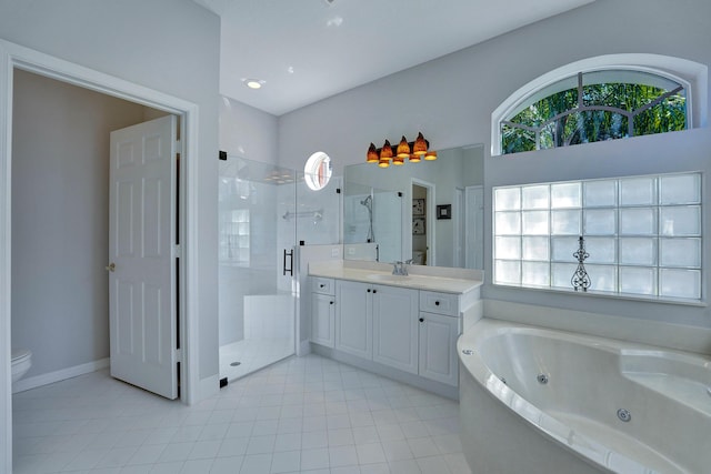 full bathroom with toilet, tile patterned flooring, separate shower and tub, and vanity