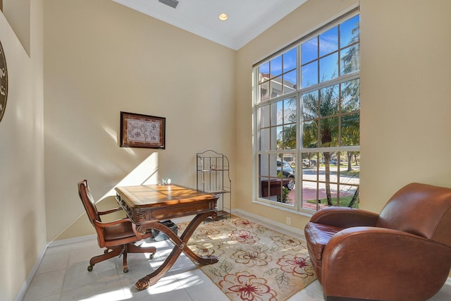 tiled home office featuring crown molding