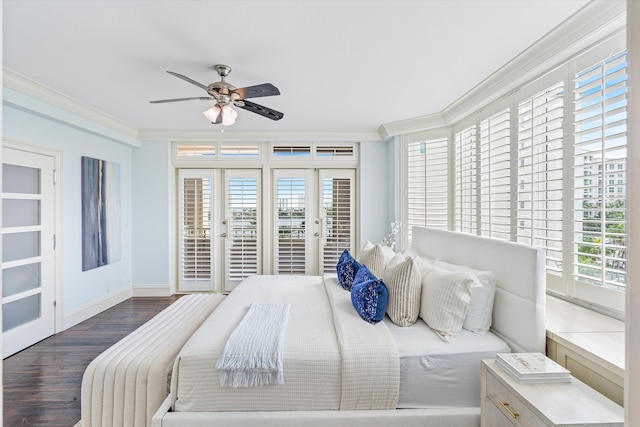 bedroom with ceiling fan, french doors, dark wood-type flooring, access to outside, and ornamental molding