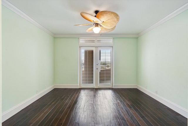 unfurnished room featuring dark hardwood / wood-style flooring, ceiling fan, french doors, and ornamental molding