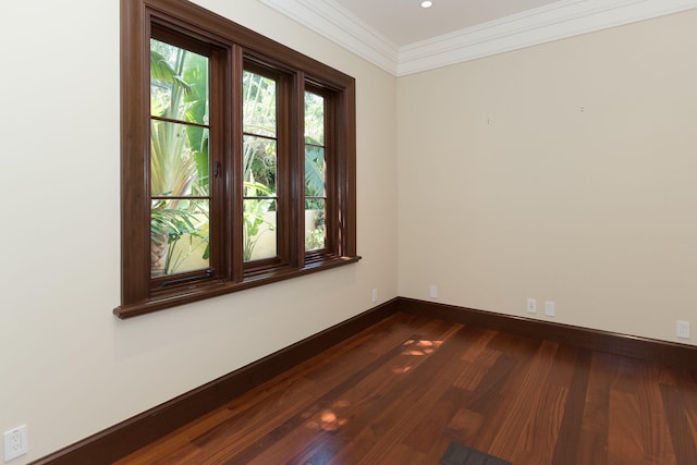 empty room with crown molding and dark wood-type flooring