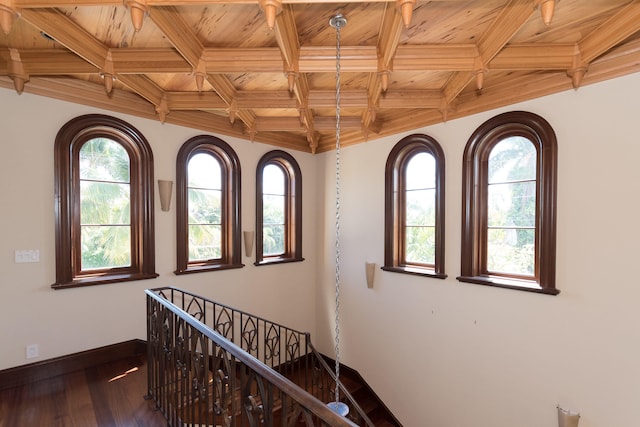 hallway with coffered ceiling, plenty of natural light, dark hardwood / wood-style floors, and wooden ceiling