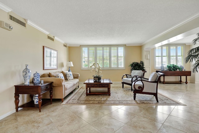 living room with plenty of natural light, visible vents, and ornamental molding