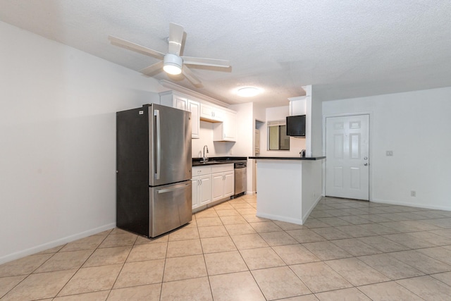 kitchen featuring white cabinets, stainless steel appliances, ceiling fan, and sink