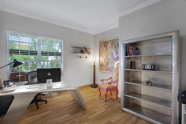 office area featuring hardwood / wood-style flooring and crown molding