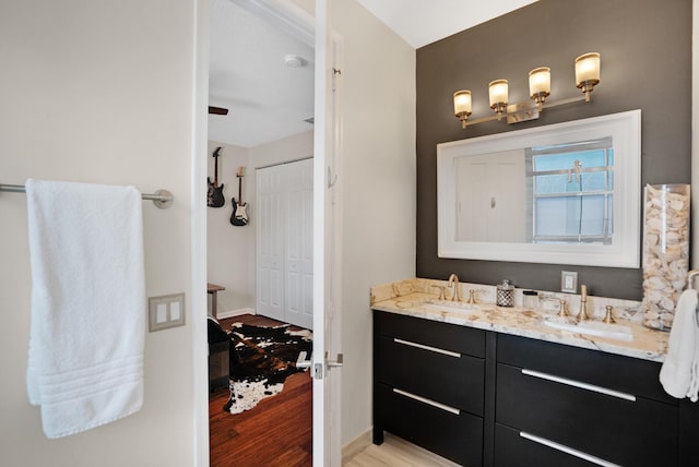 bathroom with vanity and wood-type flooring