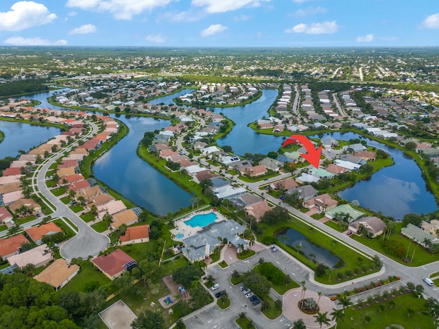 drone / aerial view featuring a water view