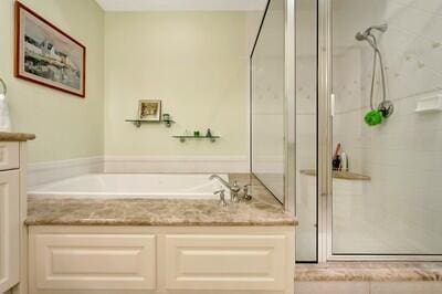 bathroom with vanity and independent shower and bath