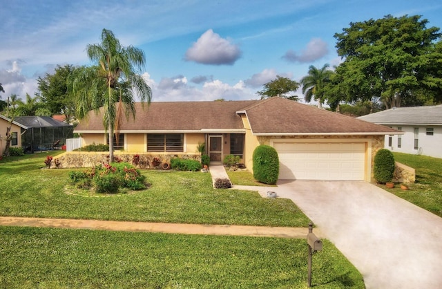 single story home with a front yard and a garage