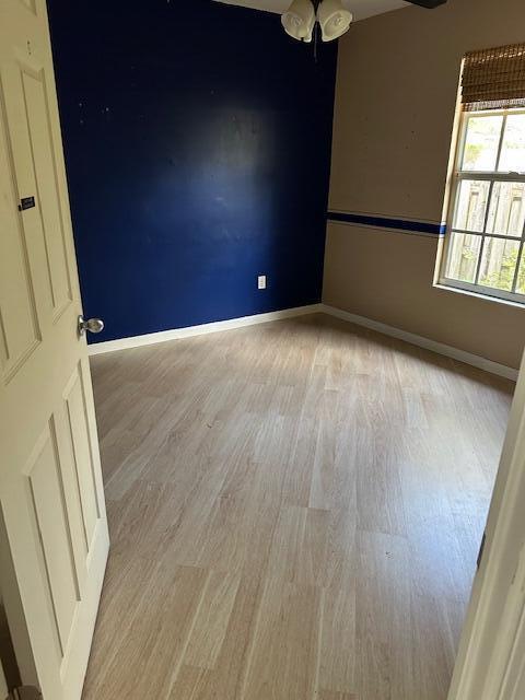 empty room featuring ceiling fan and light wood-type flooring