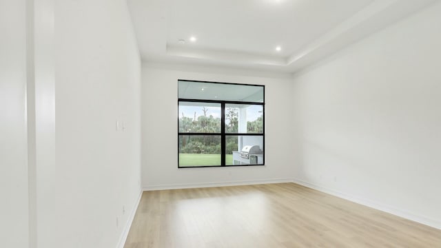 spare room featuring light hardwood / wood-style flooring and a tray ceiling