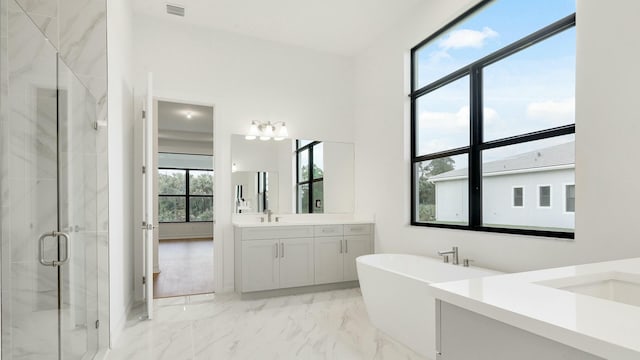 bathroom with vanity and shower with separate bathtub