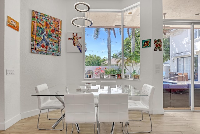 dining room with wood finished floors, baseboards, and a textured wall