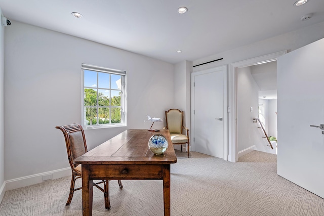 office featuring light carpet, recessed lighting, and baseboards