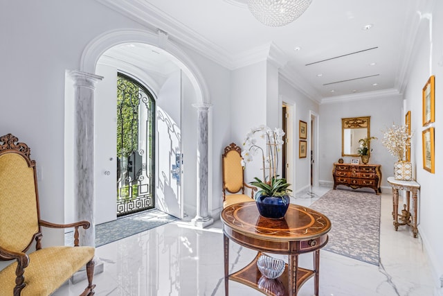 entryway featuring a healthy amount of sunlight, ornate columns, arched walkways, and marble finish floor