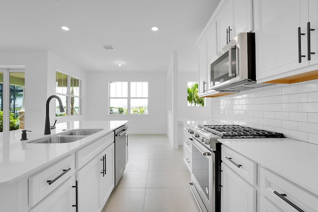 kitchen featuring decorative backsplash, sink, white cabinetry, and stainless steel appliances