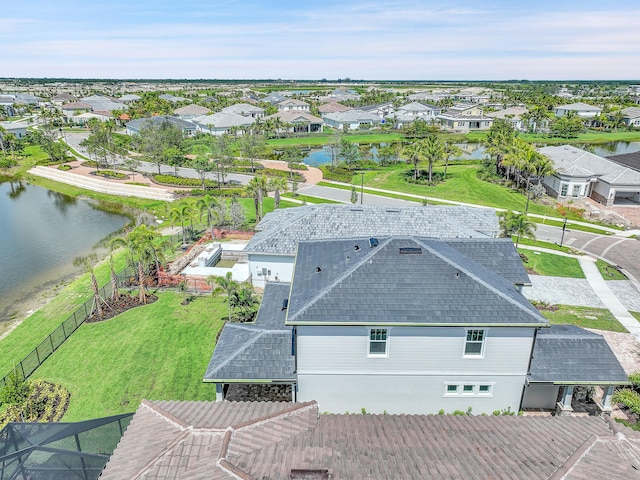 drone / aerial view featuring a water view