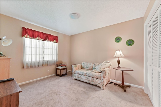 sitting room featuring light colored carpet and a textured ceiling