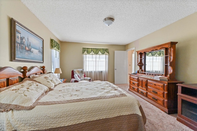 bedroom with multiple windows, light colored carpet, and a textured ceiling